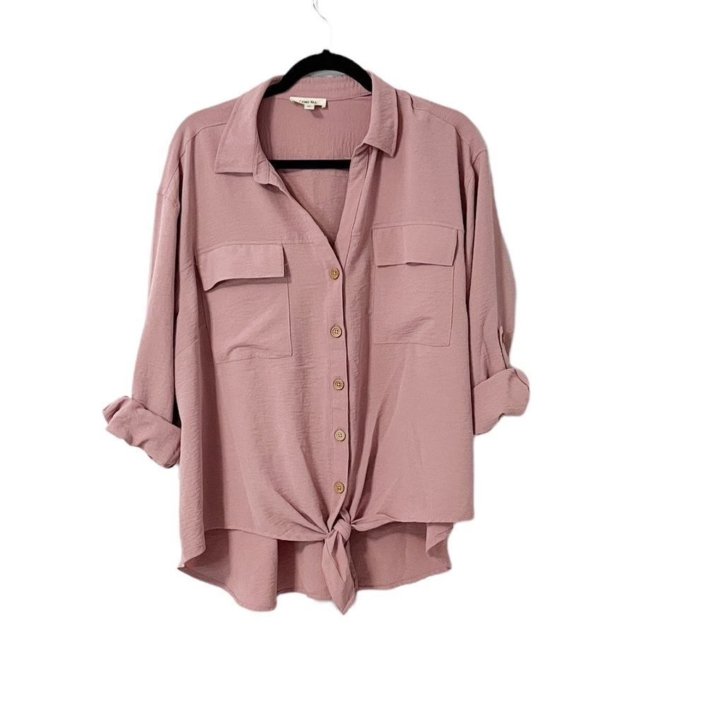 🟢Como Blu Blush Pink Rill tab Sleeve Button Down Front Tie Blouse Size 2X